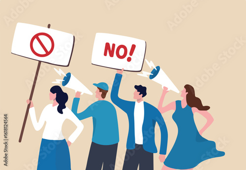 Employee protest, work strike or people demonstration, social gathering, activism protest for civil right, democracy or politic concept, people carrying protesting sign shouting on megaphone.