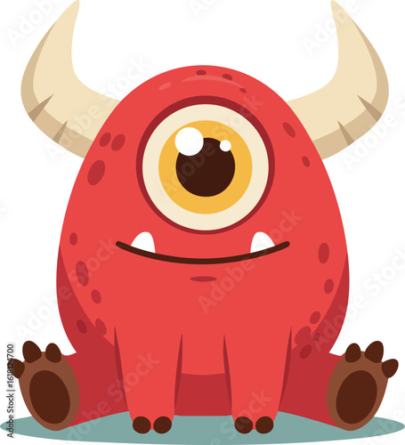 Cute red one-eyed monster character with horns sitting vector illustration 