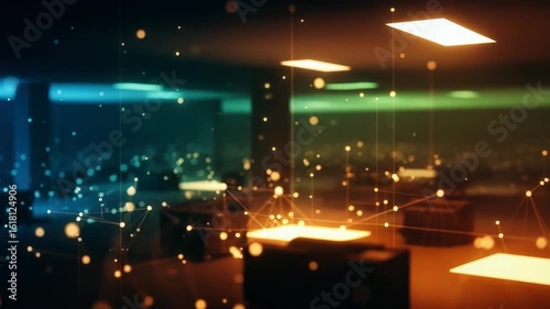 Wallpaper Mural Abstract digital landscape featuring illuminated desks and floating particles in a modern office environment creating a vibrant atmosphere with a sense of innovation and technology Torontodigital.ca