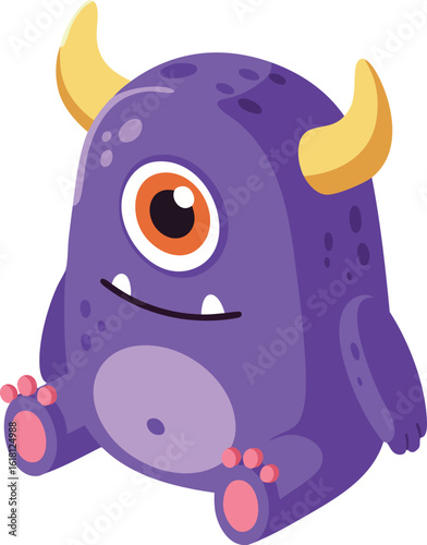 Cute purple one-eyed monster character with yellow horns and pink paws vector illustration 