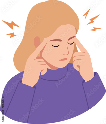 Woman pressing temples with headache pain vector illustration in purple sweater 