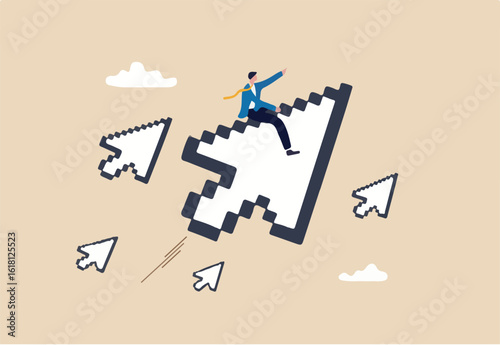Online advertising or digital marketing, SEO click through rate, social media marketing or search engine optimization concept, businessman riding digital pixel mouse pointer to click on button.