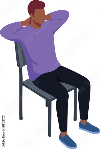 Relaxed man sitting on chair with hands behind head in casual purple sweater and blue shoes vector illustration 
