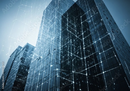 Futuristic cityscape with digital network overlay on glass skyscrapers