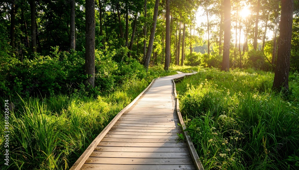 Obraz premium Sunlit boardwalk through lush forest