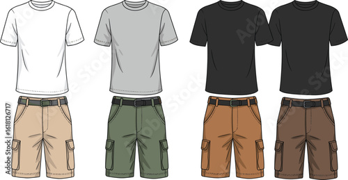 Men t-shirt and cargo shorts flat sketch, front view fashion cad template, casual outfit vector, clothing technical illustration