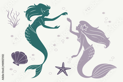 Vector art of two graceful mermaids interact playfully in the depths of the ocean surrounded by marine life