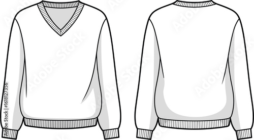 V neck sweater front and back view, fashion flat sketch, apparel technical drawing, sweatshirt template, clothing design illustration