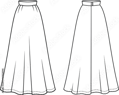 Fashion CAD sketch, long flared skirt, technical drawing, button waistband, scalloped hem, sewing template, garment flat, vector illustration
