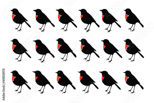 Black Bird Pattern: An artful pattern of vibrant red-breasted birds is creating a sense of rhythm and charm. Displayed with an artistic arrangement that is both decorative and visually pleasing.