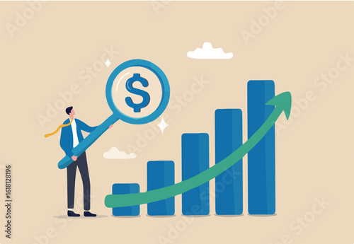 Revenue or salary increase, growth investment profit or earning from stock market, money or wages growing concept, businessman with magnifying glass on dollar money sign with growth graph and chart.