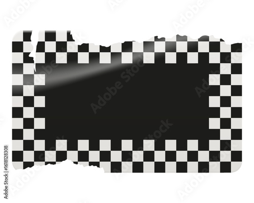Black and white checkerboard border with torn paper texture and blank black space in center. Retro punk distressed label with wrinkled effect. Grunge school badge for music posters, scrapbook collages