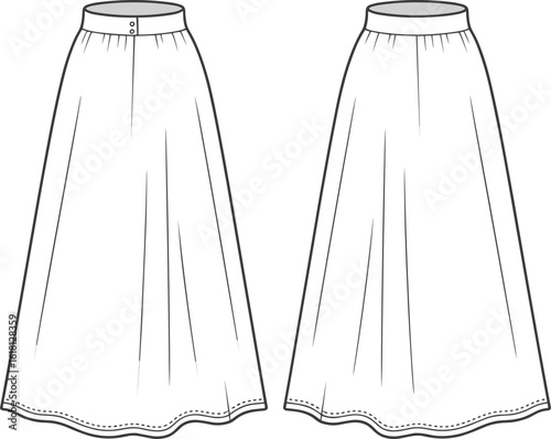 CAD fashion sketch, long skirt design, front and back view, technical garment drawing, sewing pattern, flat vector illustration