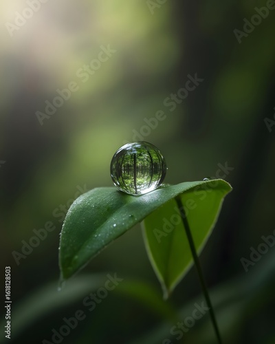 Crystal Clear Water Droplet on Leaf Reflecting Forest