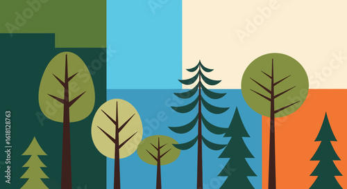 Stylized forest landscape with simple geometric trees on a colorful block background. A modern flat vector design for ecology concepts
