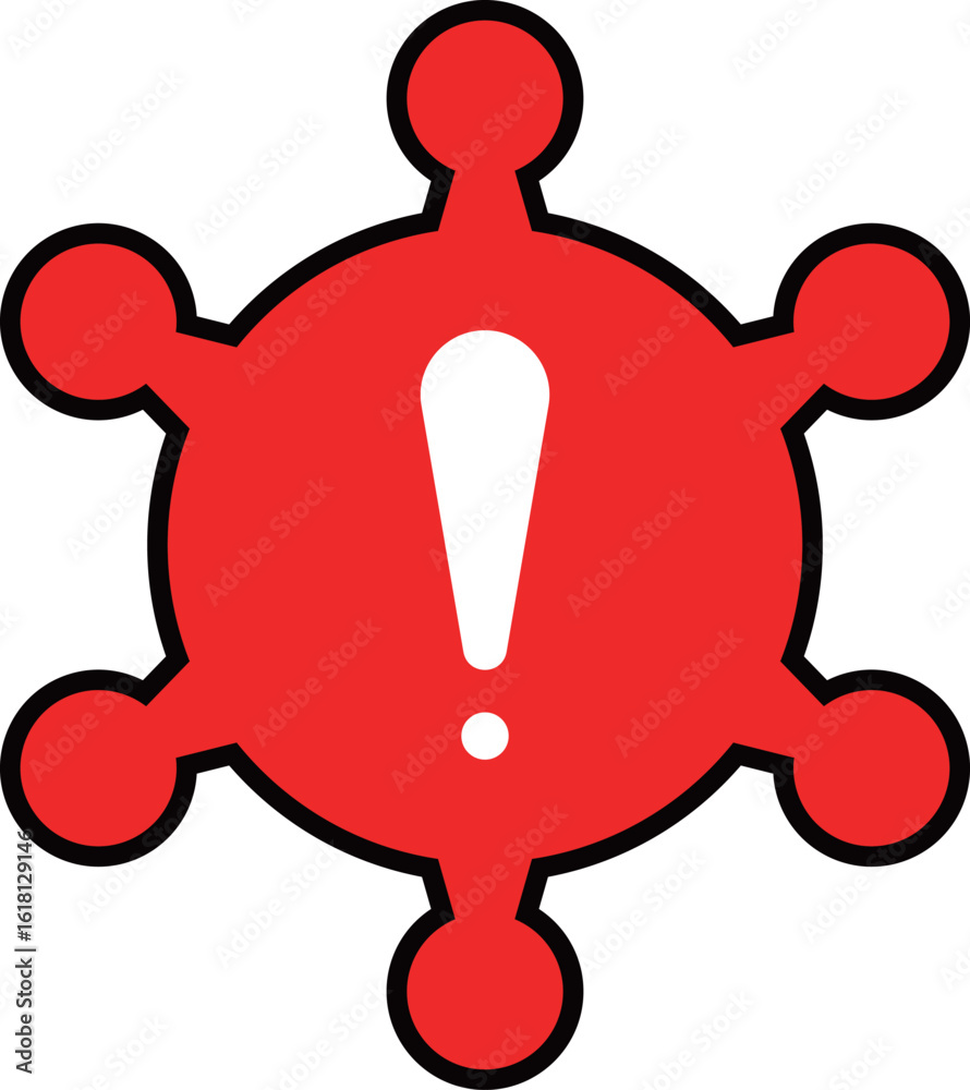 Obraz premium ウイルスやスパム警告、注意マークを示すベクターイラスト。サイバー攻撃や情報漏洩、フィッシング詐欺の注意喚起に適したグラフィック素材