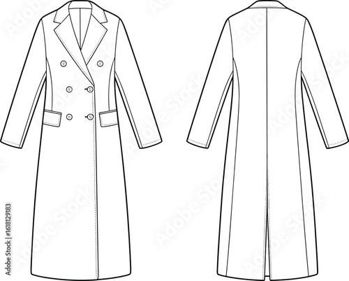 Double-breasted long trench coat cad drawing, front and back view, flat fashion vector illustration, technical sketch, women’s 