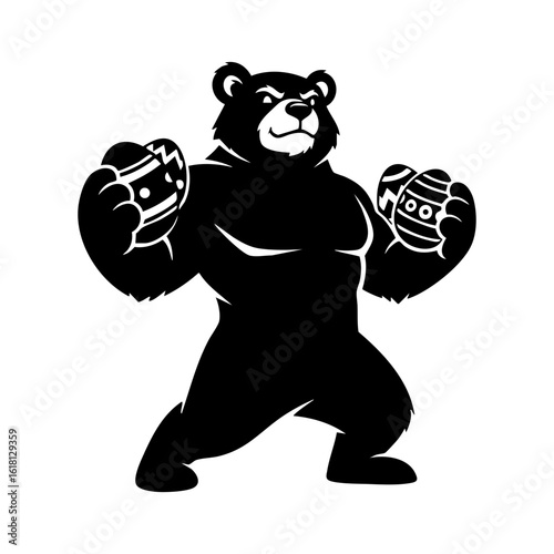 Easter Bear with Eggs Mascot Silhouette - Black White Holiday Vector Logo