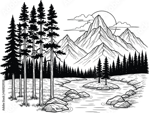 Detailed black and white ink drawing of a serene mountain landscape with a winding river and tall pine trees