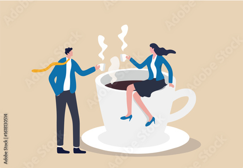 Coffee break, business discussion while having coffee or brainstorming after meeting break concept, businessman and businesswoman colleague take a break having coffee and have a chat.