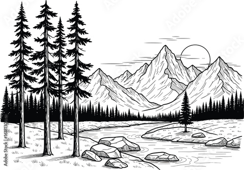 Serene mountain landscape with tall evergreen trees and a winding river in a detailed black and white sketch style