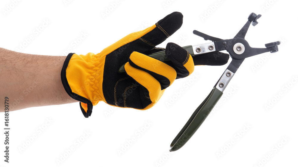 Gardening tool in gloved hand ready for use Gardening tool in gloved hand ready for use