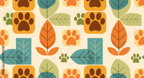 Charming Pet Paw Print and Autumn Leaf Seamless Pattern Illustration