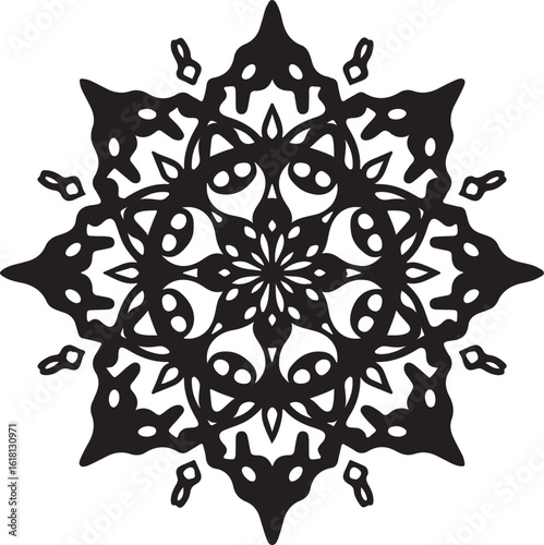 Intricate Circular Mandala Laser Cut Design features a stunning blend of floral and geometric symmetry, rendered in a precise black vector 