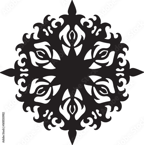 Intricate Circular Mandala Laser Cut Design features a stunning blend of floral and geometric symmetry, rendered in a precise black vector 