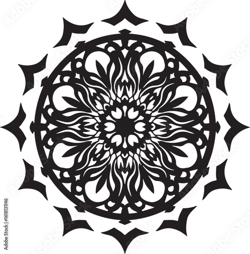Intricate Circular Mandala Laser Cut Design features a stunning blend of floral and geometric symmetry, rendered in a precise black vector 