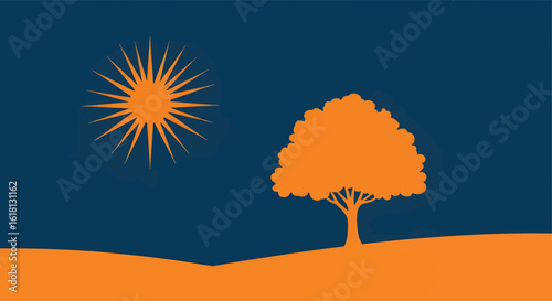 Vibrant Orange Tree and Sun Silhouette Against a Deep Blue Sky