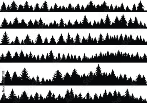 Collection of six distinct black silhouette forest borders featuring various evergreen coniferous trees in a natural landscape setting