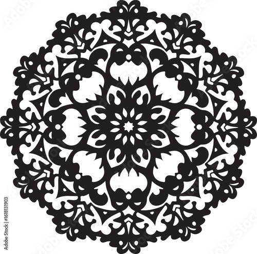 Intricate Circular Mandala Laser Cut Design features a stunning blend of floral and geometric symmetry, rendered in a precise black vector 