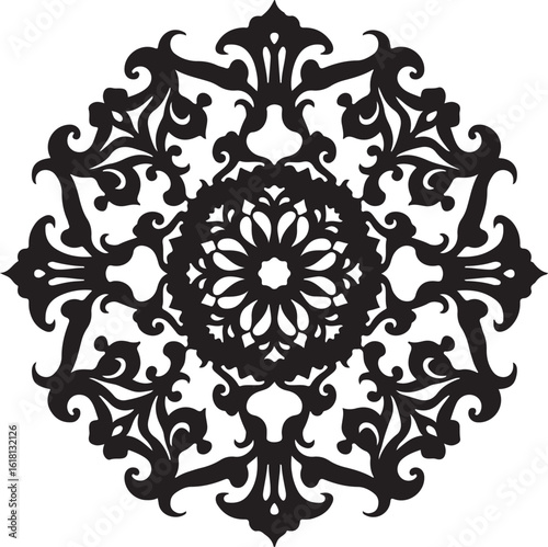 Intricate Circular Mandala Laser Cut Design features a stunning blend of floral and geometric symmetry, rendered in a precise black vector 