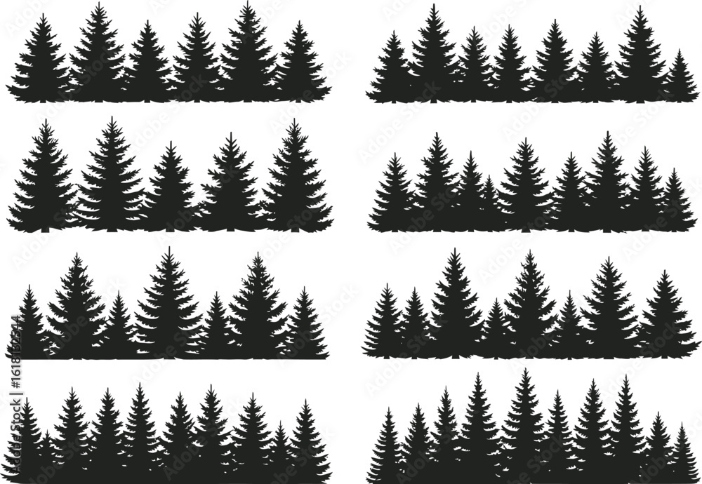 Obraz premium Collection of eight distinct silhouette forest landscapes with various evergreen trees in a horizontal arrangement
