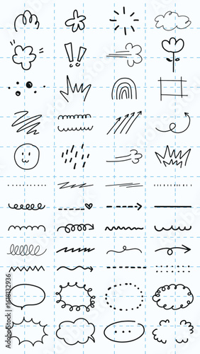 Collection of doodles and symbols, featuring arrows, squiggles, and hearts. Playful doodles, expressive symbols, and creative red lines in various shapes. Colorful doodle elements, vector set.