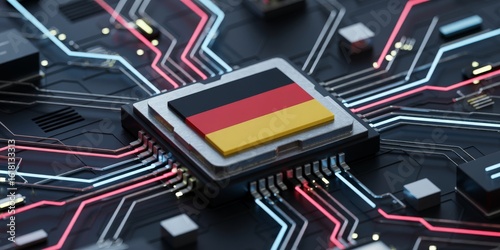 Computer processor with the flag of German on a circuit board, global semiconductor industry, technological sovereignty, and the digital economy	