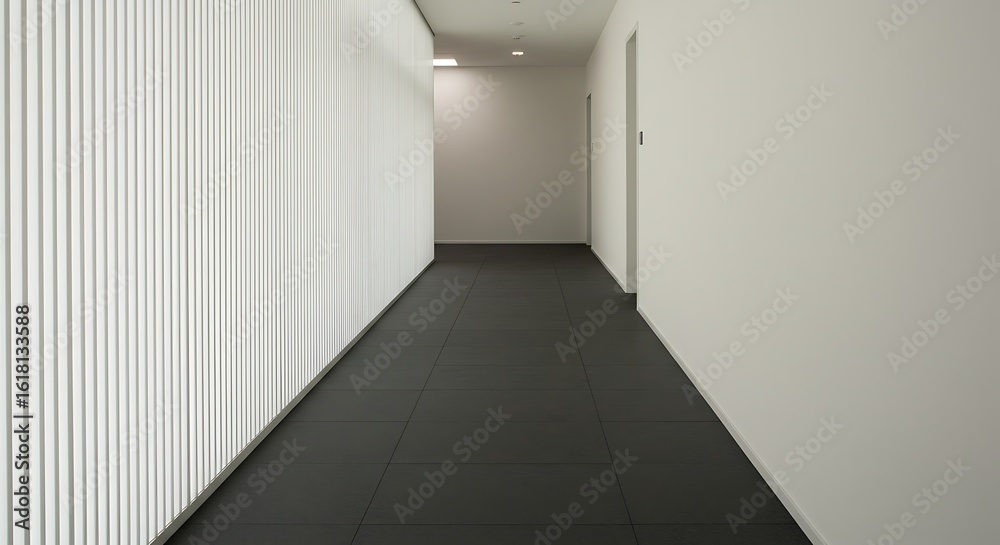 Fototapeta premium Minimalist interior design of a modern architectural corridor with white textured walls and a long perspective