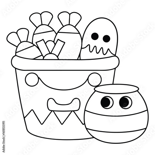 Halloween bucket filled with candies and a ghost candy trick or treat