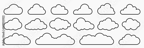 Simple cloud outlines in various shapes. Cloud designs in a repeating pattern. Minimalist cloud icons for weather themes. Black cloud outlines on white. Weather illustration, vector set.