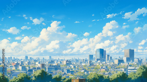 手描きタッチで描かれた青空と街並みのパノラマ構図。透明感のある空の色と穏やかな都市の表情が融合した、美しく心に残る風景イラスト背景