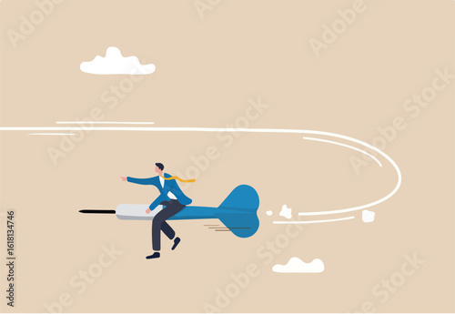 Change business direction, leadership decision to change to success, turning point or different way to reach target concept, confident businessman riding dart changing direction to the right target