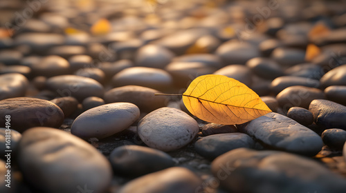 Smooth pebbles scattered on an autumn path