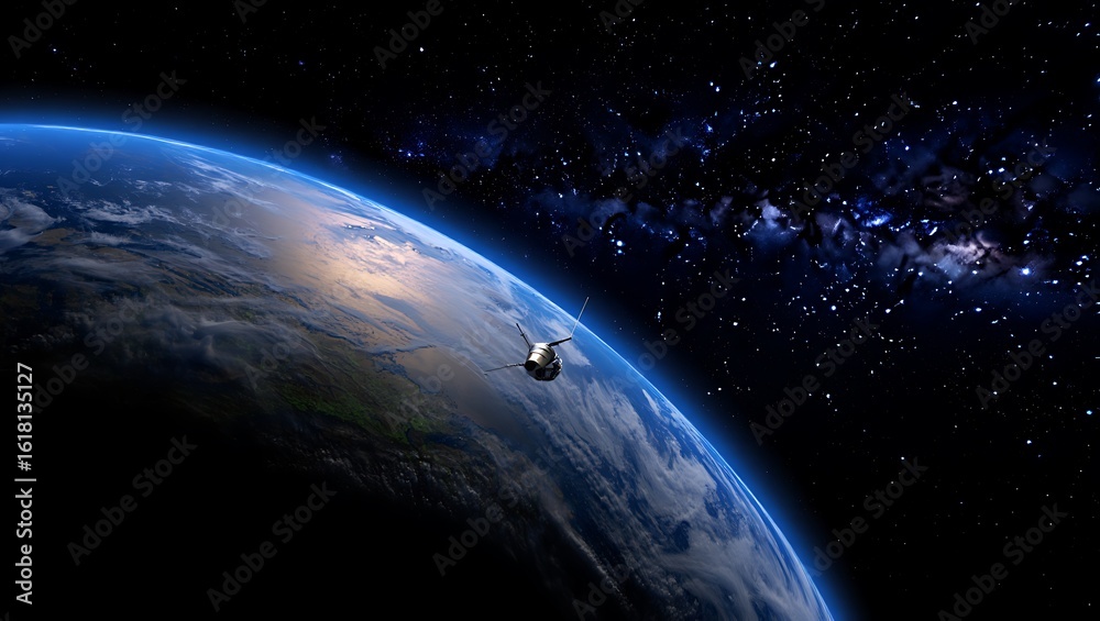 Fototapeta premium Earth from Space with Satellite Orbiting and Starry Galaxy Background in Deep Cosmos