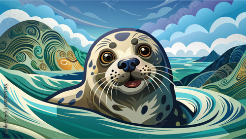 In this spotted seal pokes head above water near shore as ocean wave curls behind in marine wildlife scene, shimmering textures and soft motion bring coastal nature to life in stunning detail.