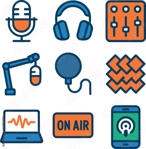 Modern podcasting essentials collection with microphone, headphones, and audio mixer