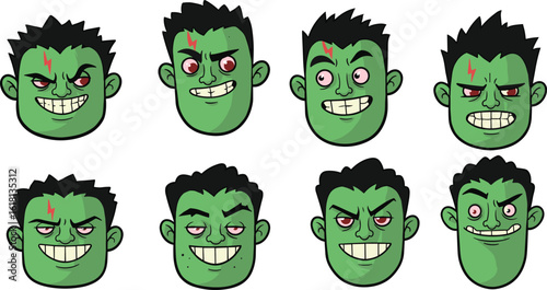Cartoon Green Villain Character with Evil Expressions and Sharp Smile for Animation, Gaming, Comics, and Lifestyle-Themed Illustrations