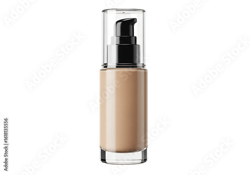 Clear bottle of light beige foundation.