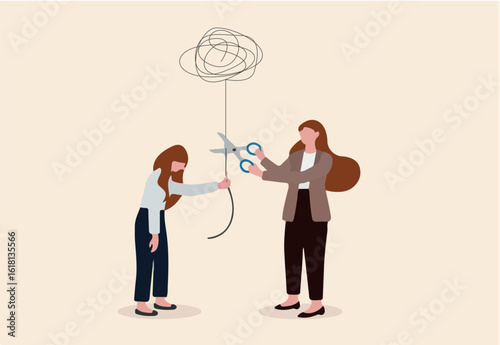 Reduce anxiety or stress, psychotherapy to cure mental health problem or depression, relaxation or relief to cure overworked concept, psychologist using scissors to cut chaos messy balloon on patient.