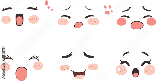 Set of cute cartoon faces with different expressions isolated on white background